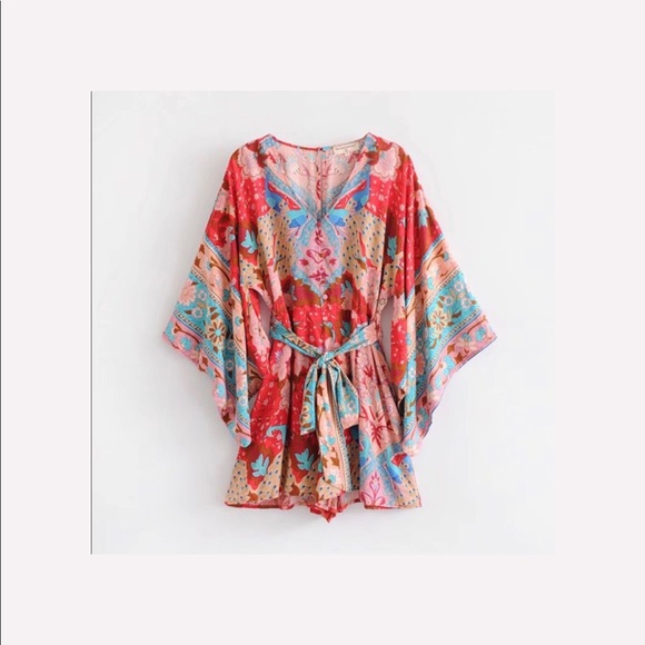Boho Gypsy Ruby Floral Lotus Print Kimono Romper - Picture 5 of 8